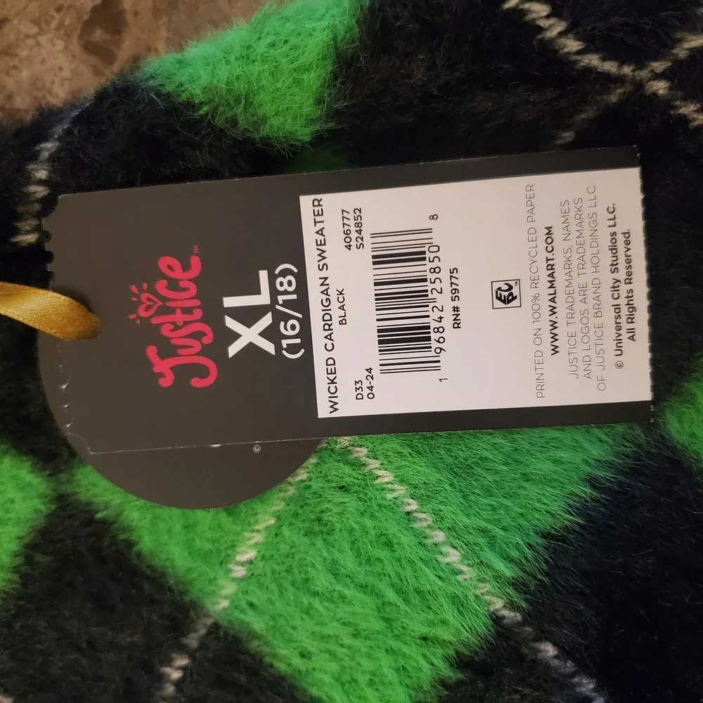 Wicked X Justice Cardigan Elphaba Green Fuzzy‎ girls XL (16/18) NWT preppy